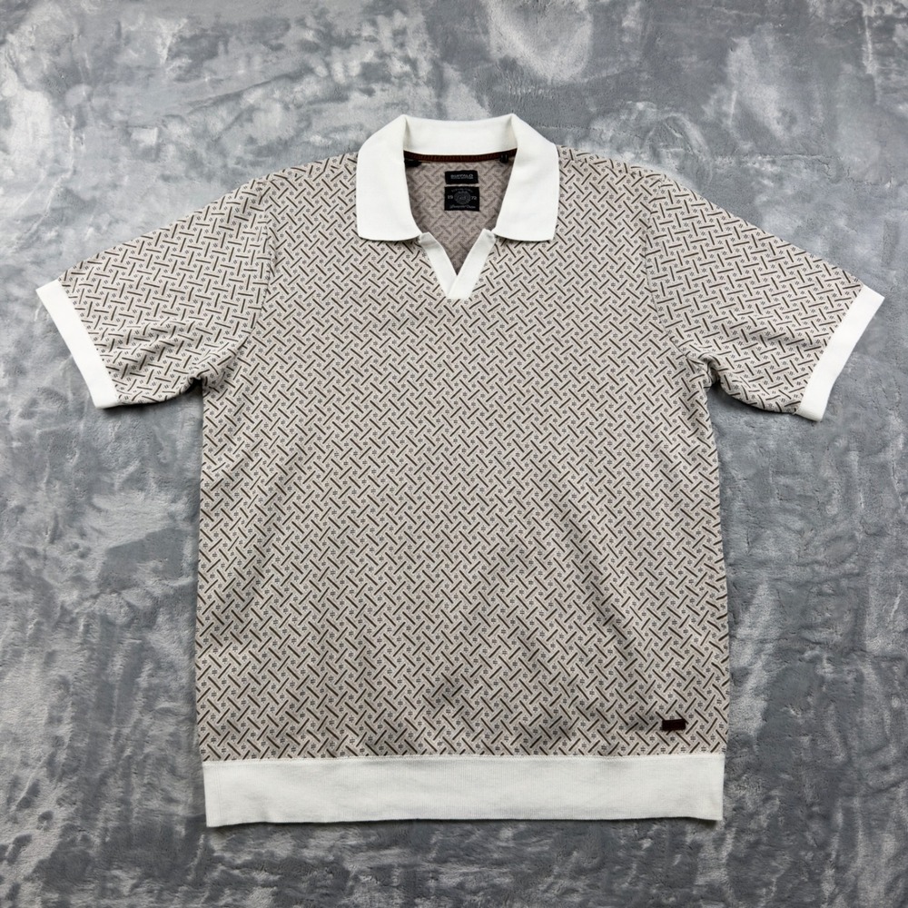 Buffalo David Bitton Mens XL Knit Polo Shirt Geometric Tan White Short Sleeve